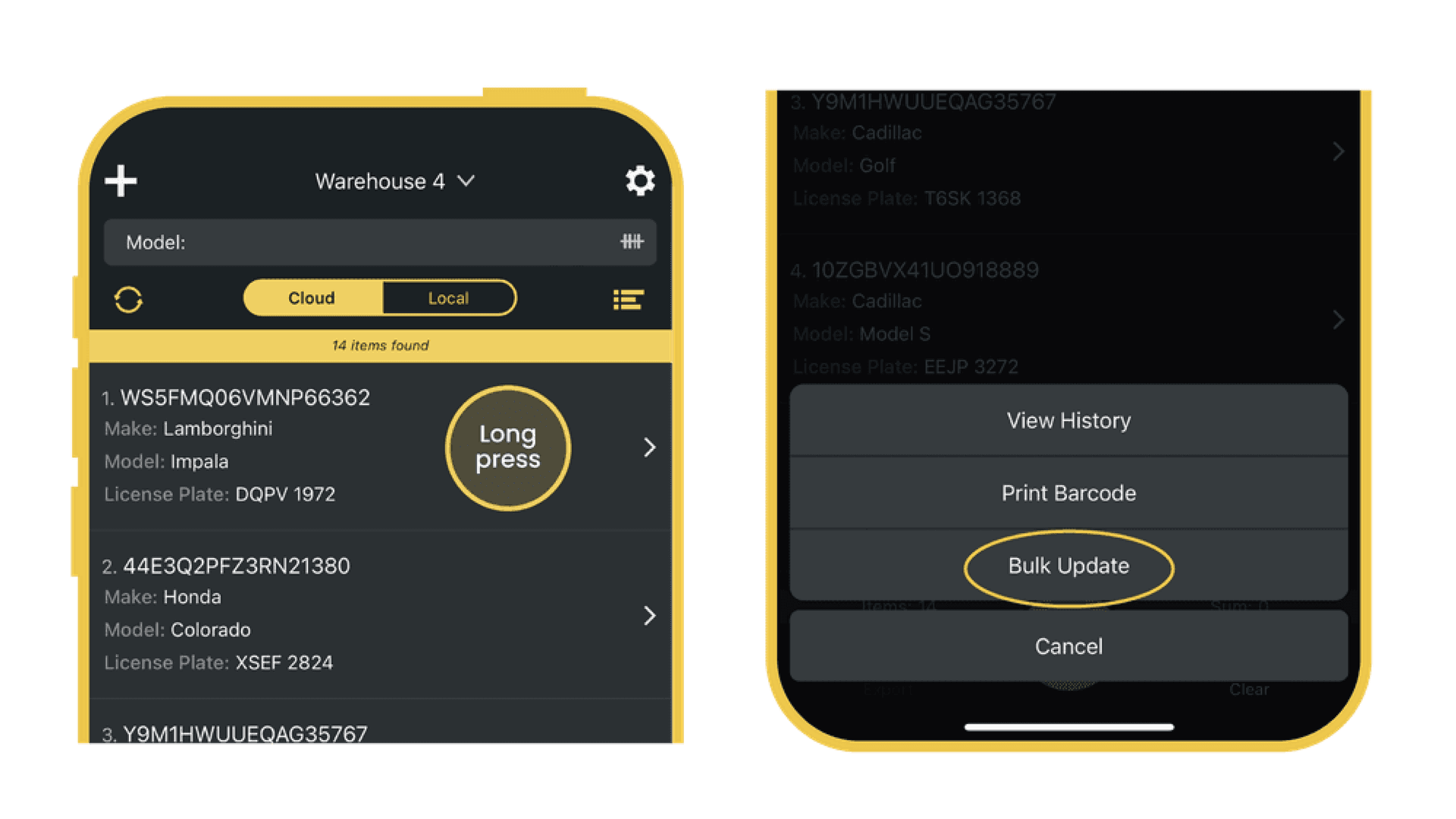 Steps to bulk update items in the Orca Scan mobile app