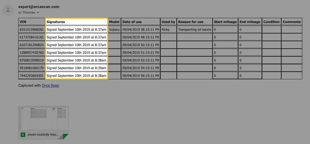 The date and time of the signature can be seen in your export