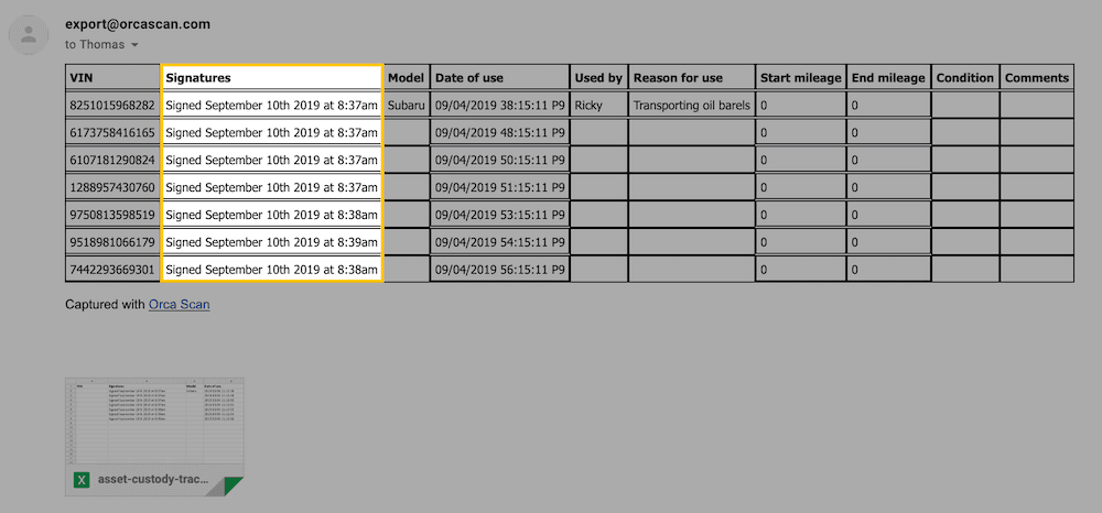 The date and time of the signature can be seen in your export