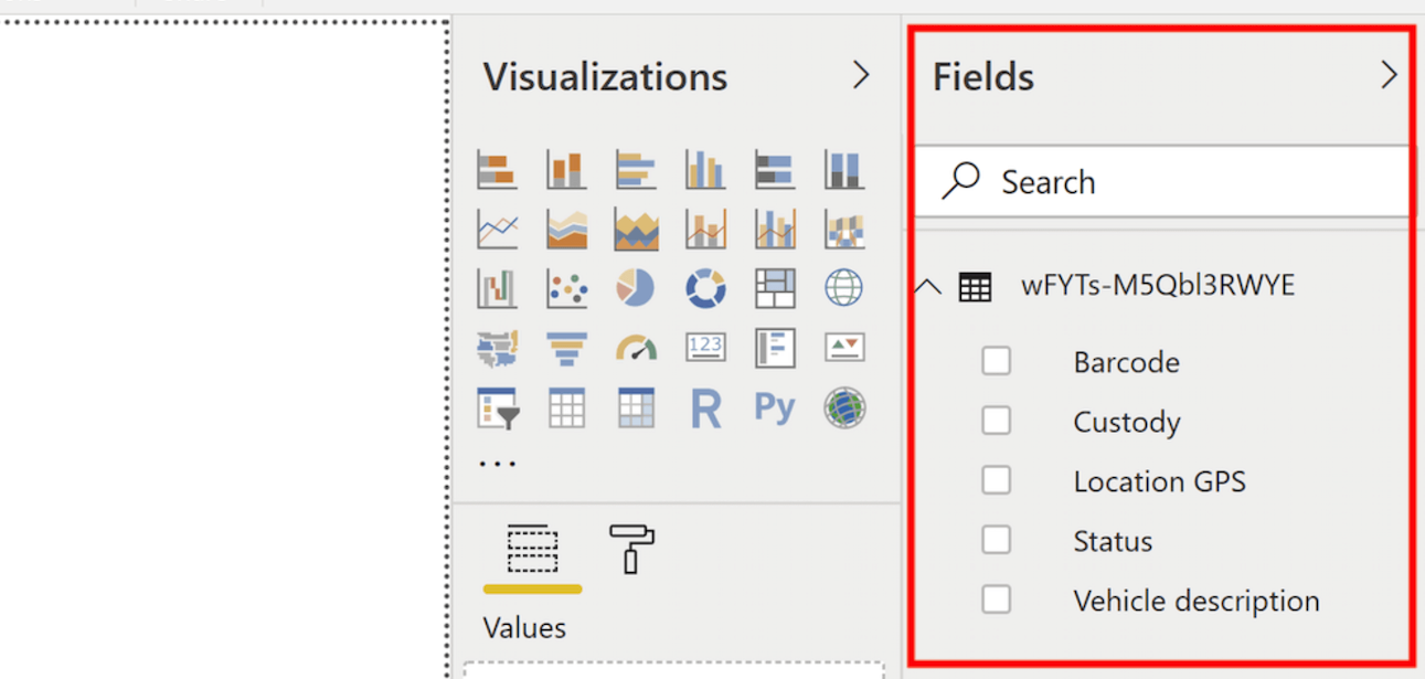 View your data in the fields pane, and see the visualisation options available