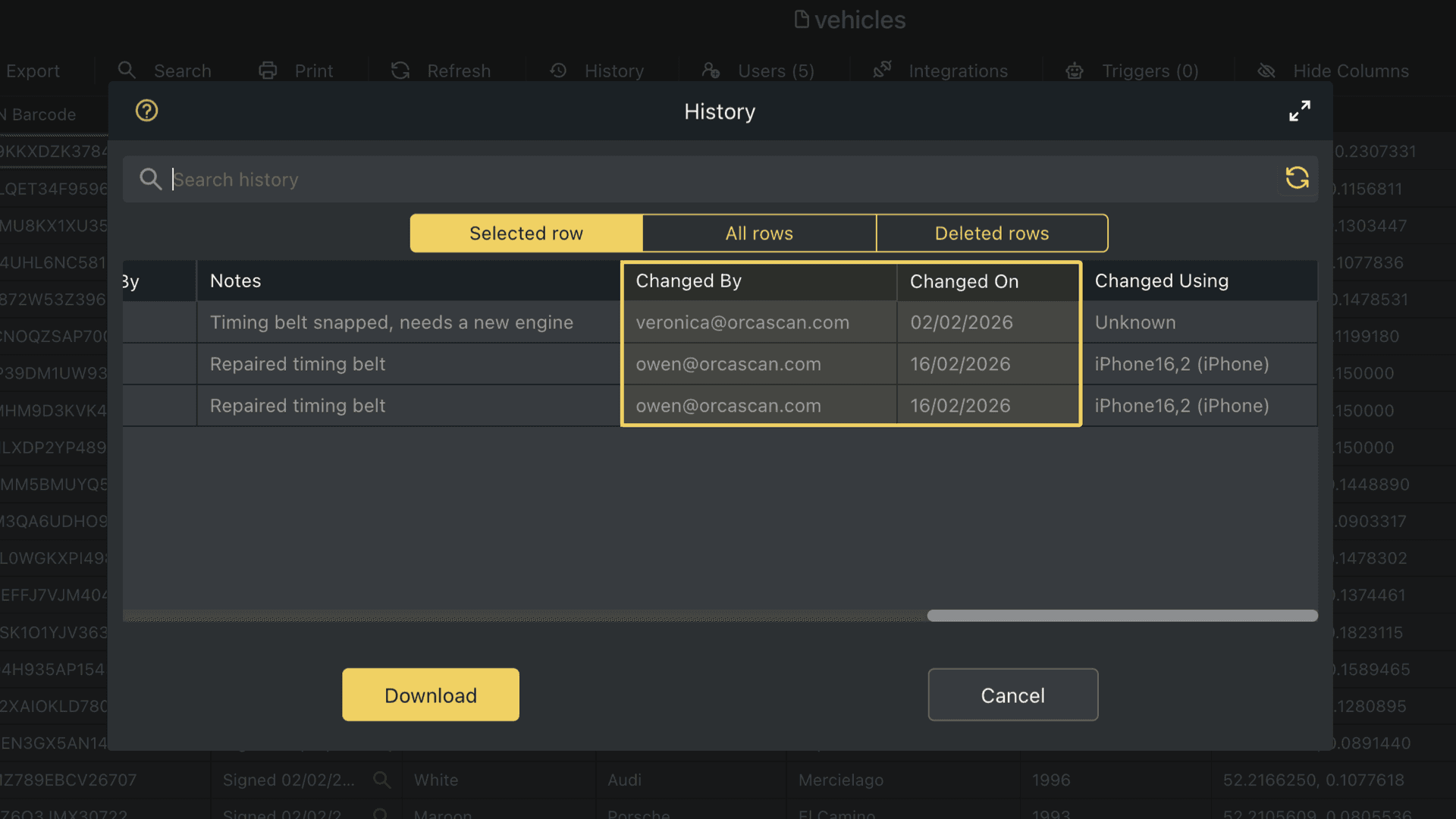 Viewing historical changes using the history log