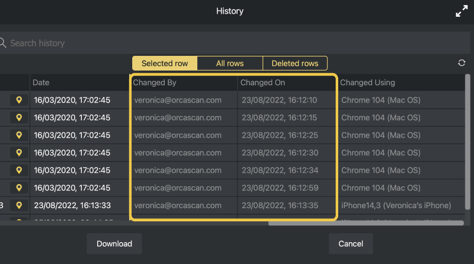 Viewing historical changes using the history log