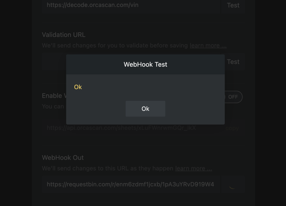 You can test your WebHook Out URL by clicking the 