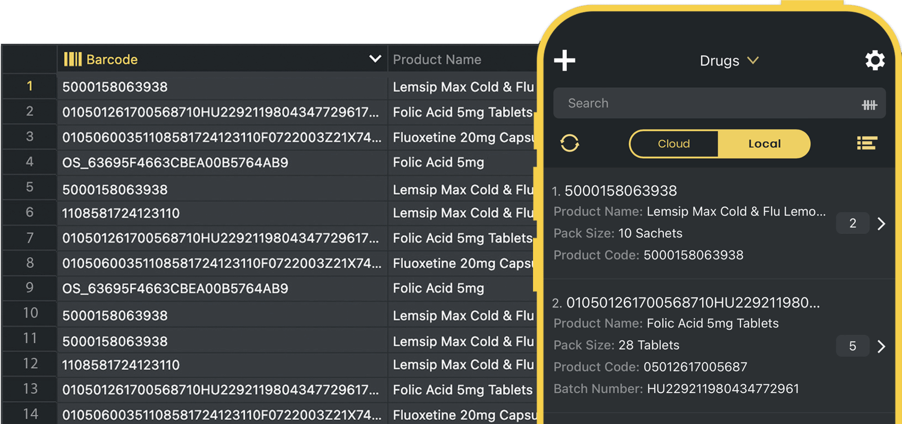 Screenshot of rows of barcodes inside Orca Scan web application