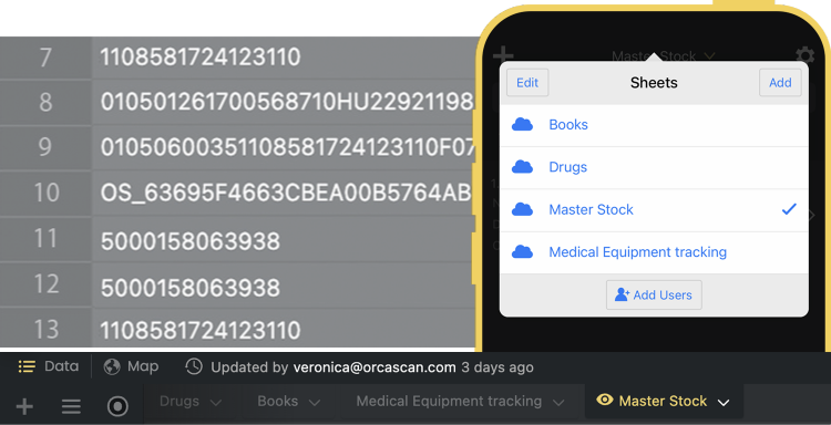 Screenshot of sheets in the Orca Scan web and mobile applications