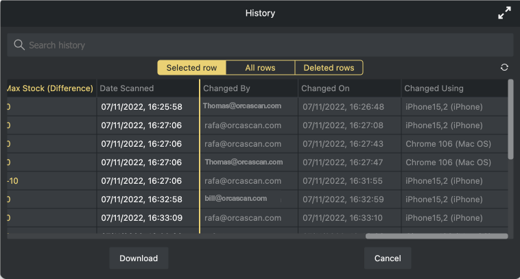 Screenshot of the Orca Scan history log
