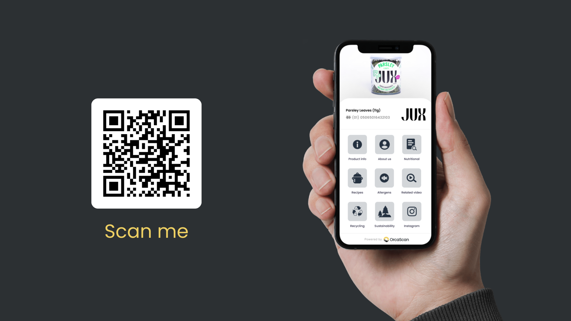 JUX Food GS1 Digital Link solution page and Digital Link QR code