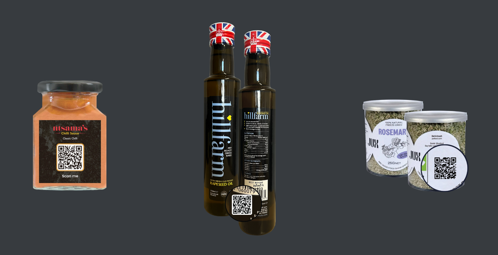 Ntsama, Hillfarm Oils and JUX Food products with GS1 Digital Link barcodes.