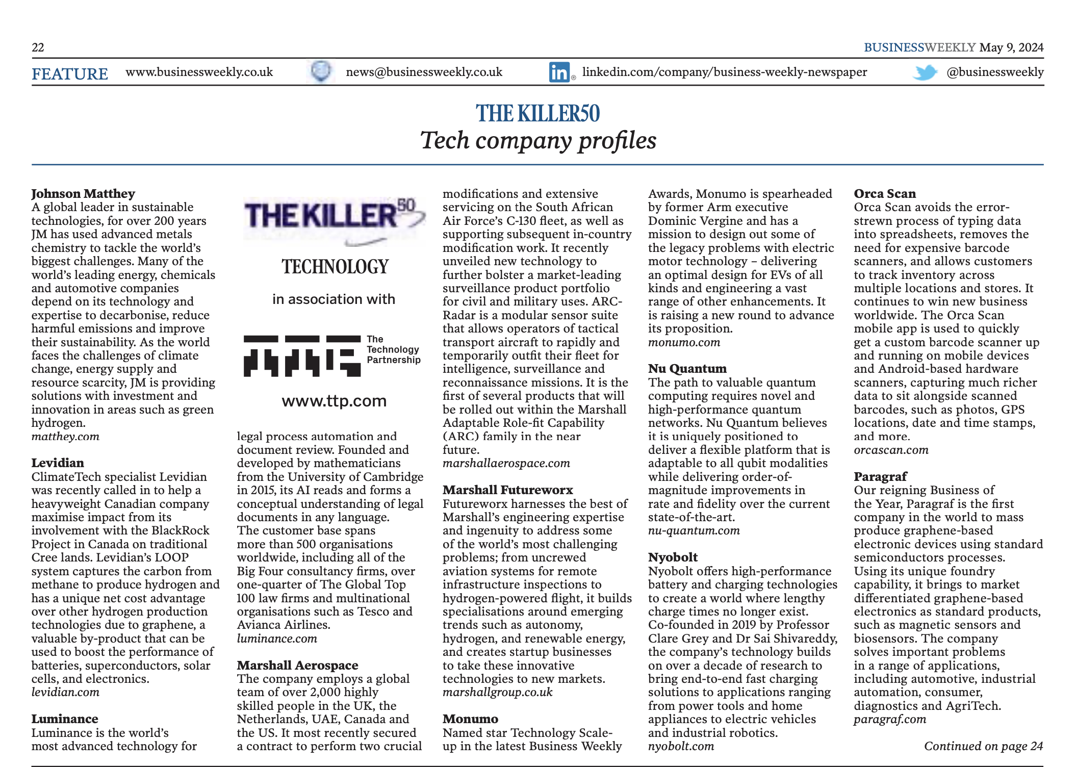 Orca Scan mentioned in Business Weekly’s The Killer 50 - Tech Company Profiles