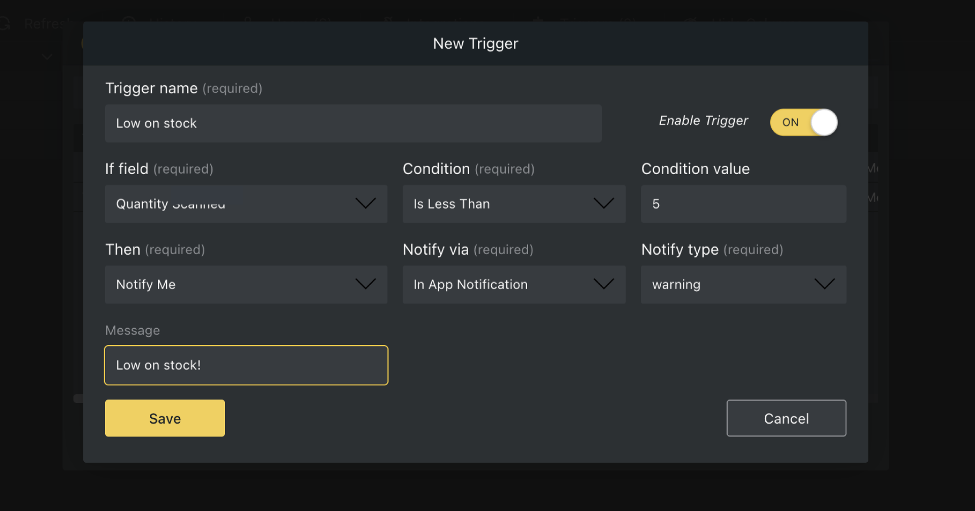 “Low on stock” trigger example in the Orca Scan app.