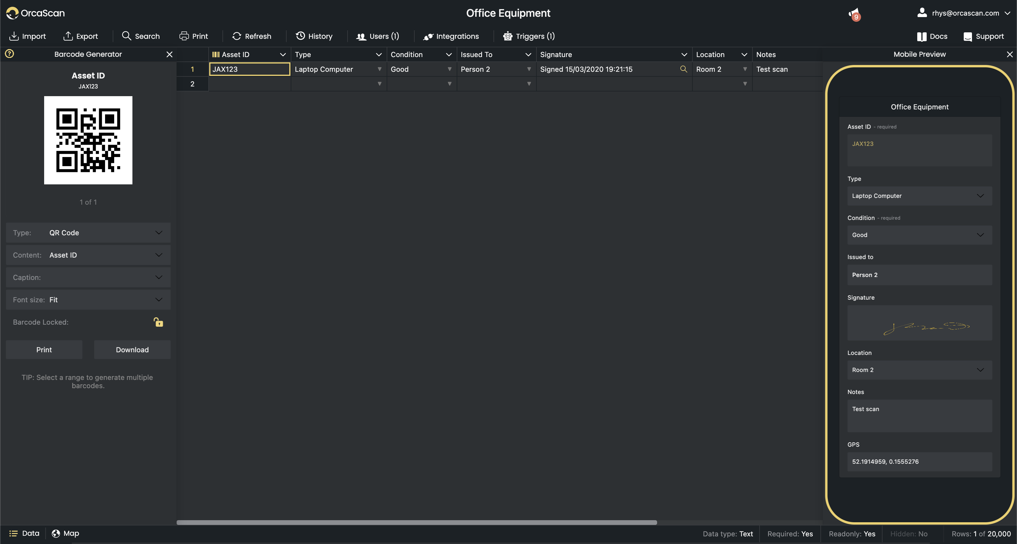 An example of an Orca Scan Office Equipment Template.