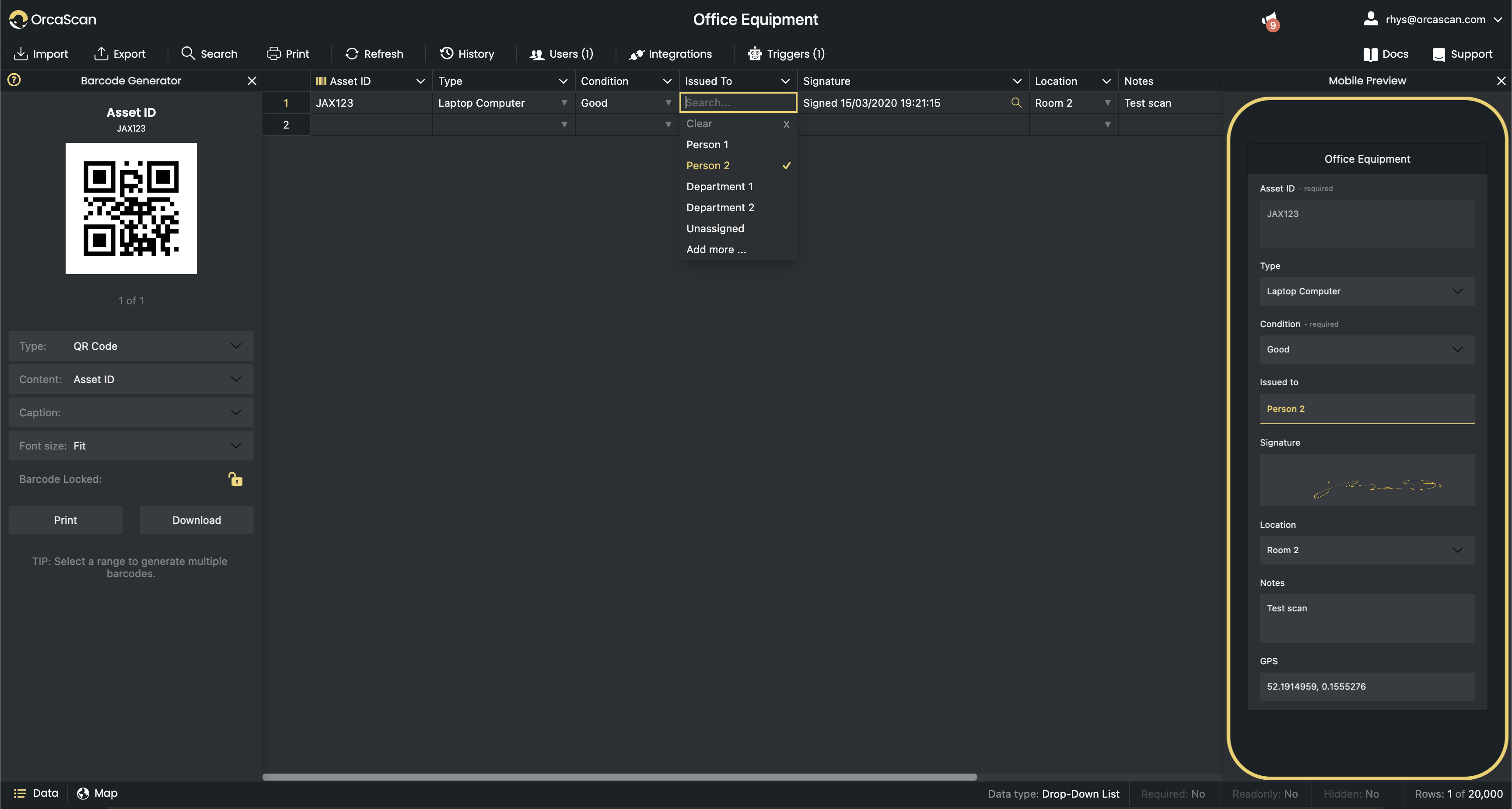 An example of issuing users to an asset in the Office Equipment solution