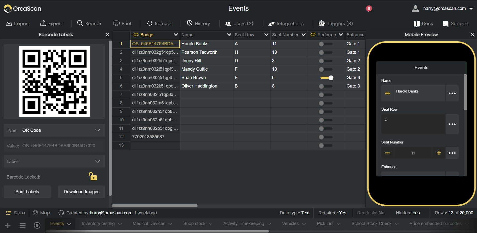 In Orca Scan’s Web App, you can open up the side panel on the left to download and print your barcodes.