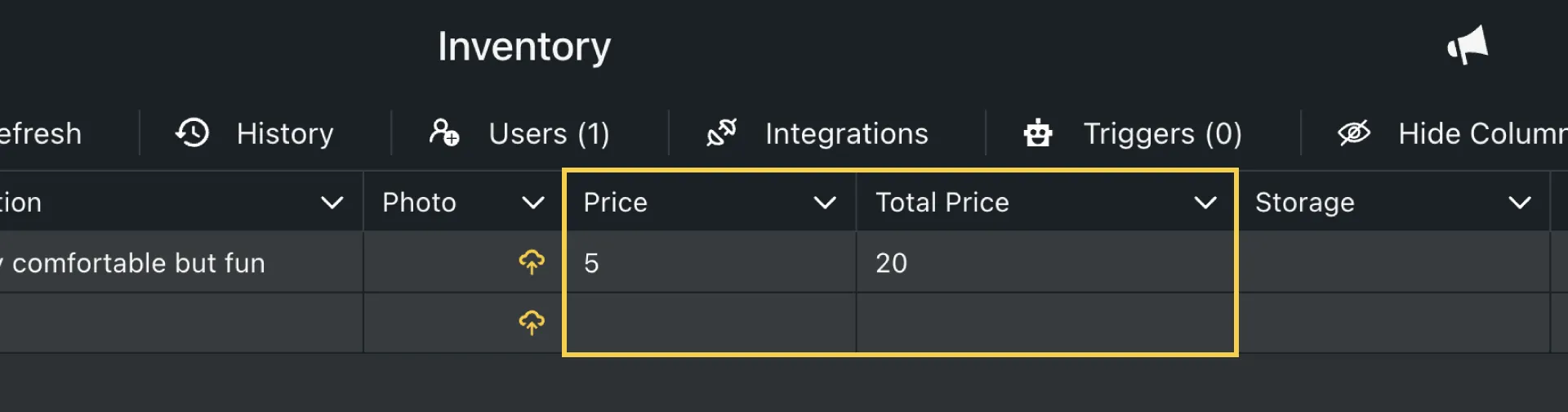 Orca Scan Inventory Tracking sheet with new Price and Total Price columns.