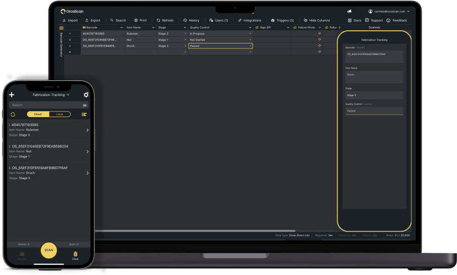 Preview of Orca Scans fabrication tracking solution