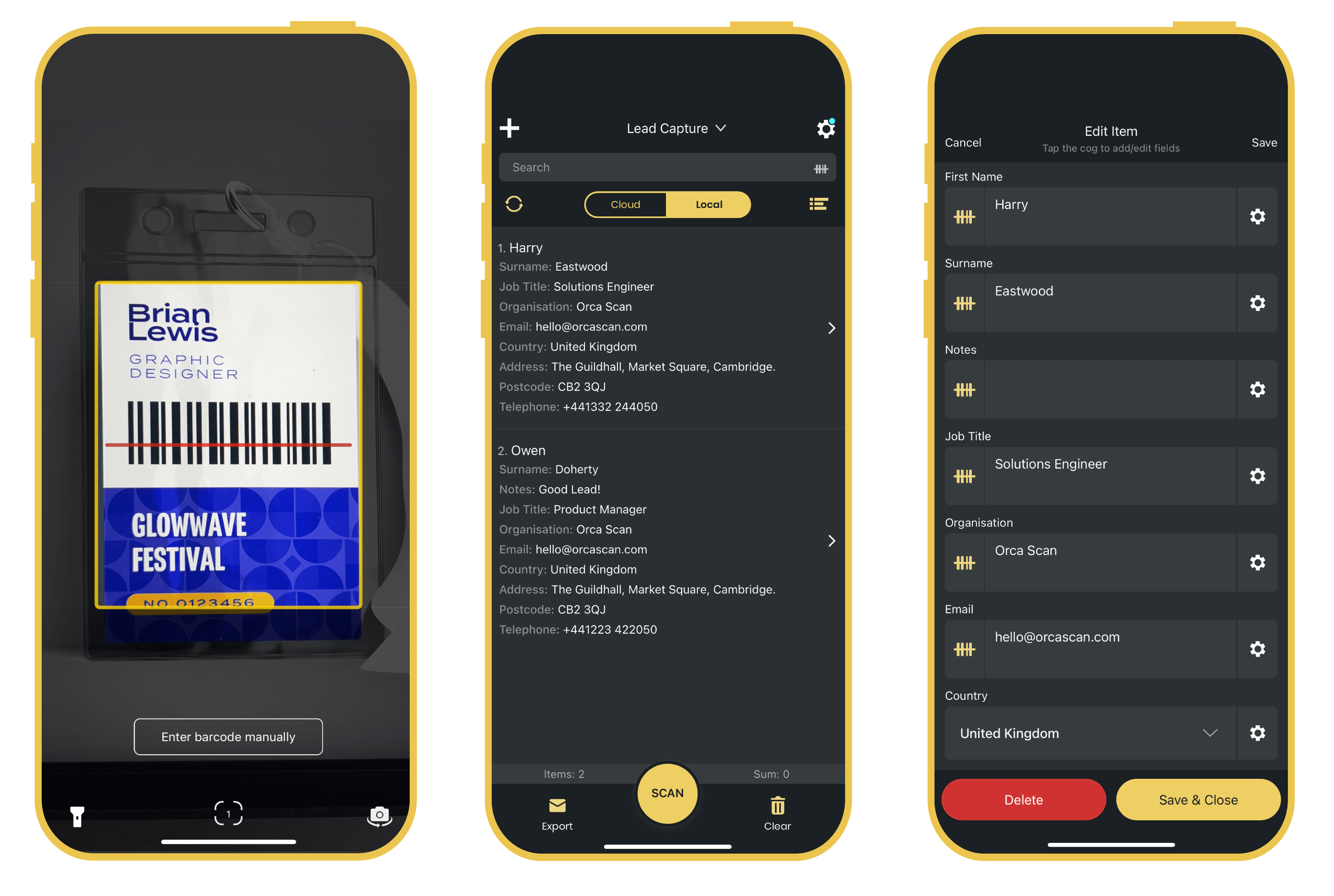 Screenshots of the Orca Scan mobile app capturing leads at trade shows