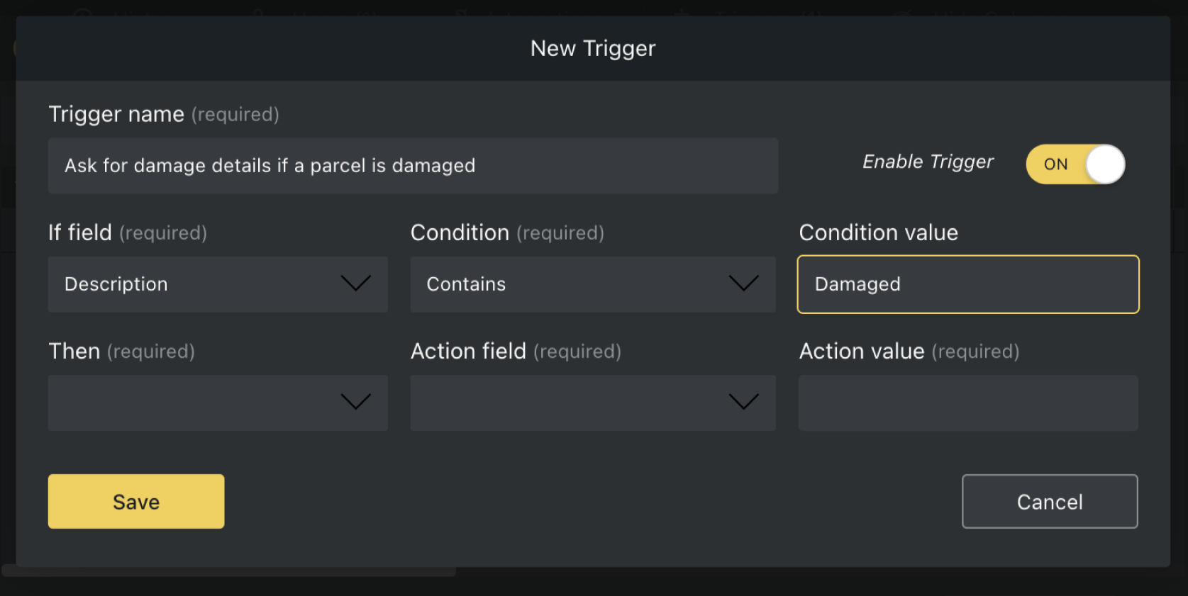 Set up triggers for damaged parcels