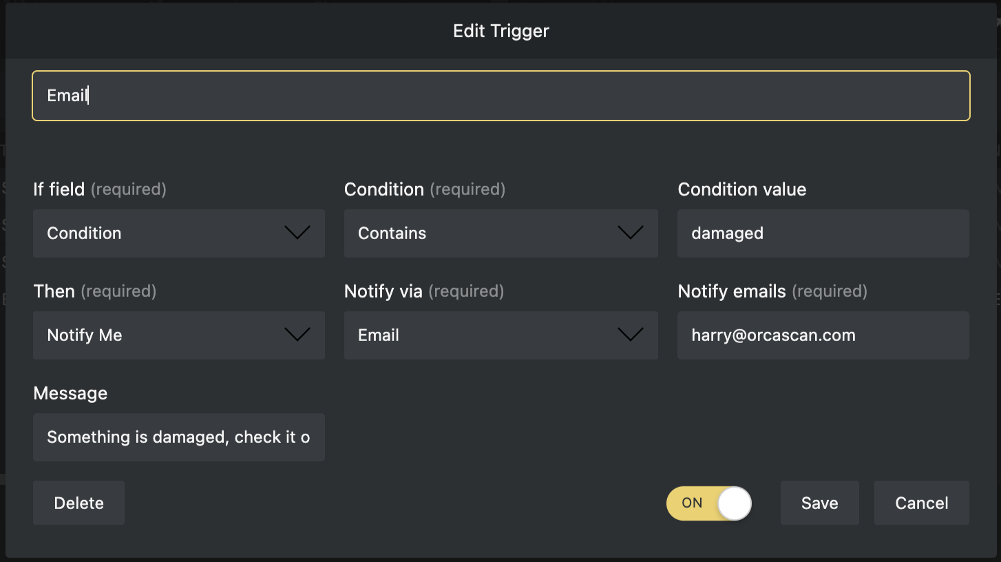 Trigger set to email a user if an asset is listed as damaged