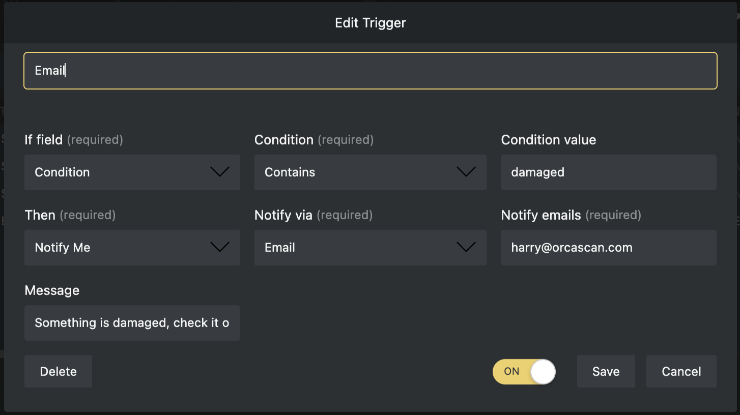 Trigger set to email a user if an asset is marked as damaged