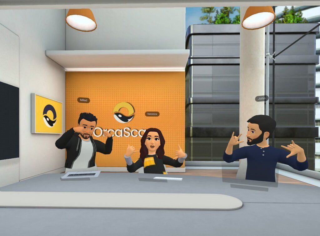 Milad, Veronica and John in our customised office in the Metaverse.