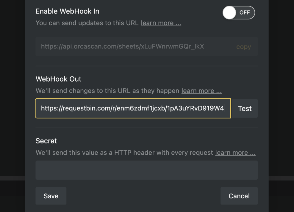 You’ll see the WebHook Out bar. Now enter the URL you would like to be called as your data changes.